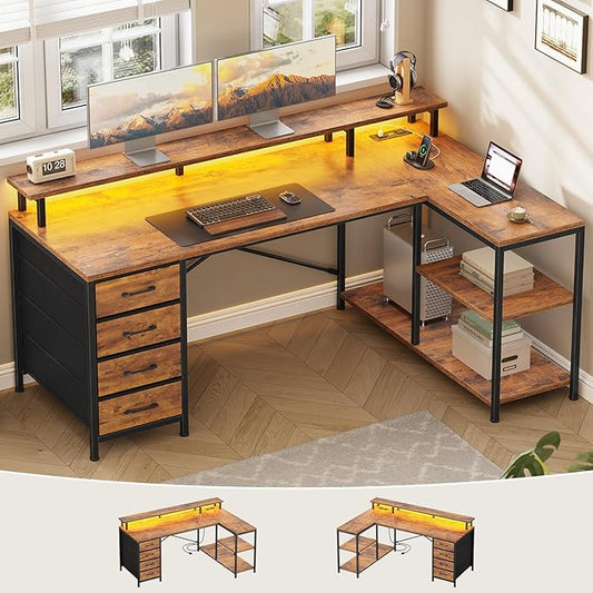 SEDETA L Shaped Desk with 4 Drawers and Storage Shelves, L Shaped Gaming Desk with LED Lights & Power Outlets, Computer Desk with Shelves & Drawer, Corner Desk Home Office Desk, Rustic Brown