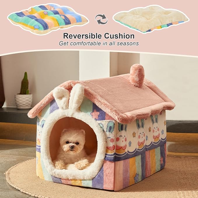 Cute Cat Beds for Indoor Cats, Foldable Cat House with Non-Slip Bottom | S Size Kitten Bed for 0-6 Lb Dogs and 0-8 Lb Cats, Rainbow,Cat Nest Puppy Cave,Soft Cozy Dog Cave Bed