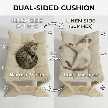 JSPYFITS Elevated Cat Bed Hammock, Raised Cat Bed with Dual-Sided Plush & Linen Cushion, Machine Washable & Breathable Cover Tool Free Easy Assembly, up to 66Lbs (Beige)