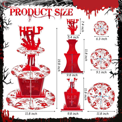 Sliner 3 Tier Halloween Bloody Cupcake Stand Party Decorations Bloodys Handprint Cupcake Holder Halloweens Bloodys Help Cake Holder Bloody Theme Dessert Stand for Horror Scary Party Supplies
