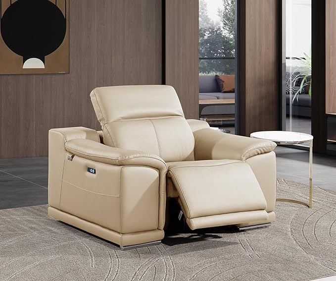 Blackjack Furniture Venice Top Grain Italian Leather Power Recliner Chair with Adjustable Headrest Modern Luxury Seating for Living Room Lounge, Beige