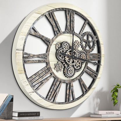 HOIBAI Large Wall Clock, Wall Clocks for Living Room Decor 30 Inch Farmhouse Vintage Rustic Kitchen Wall Decor Vintage Roman Oversized Wall Clock for Home Bedroom House, Moving Gears Clock