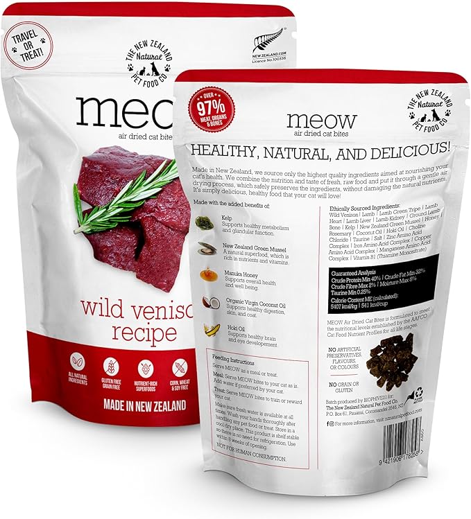 The New Zealand Natural Pet Food Co Meow Air Dried Cat Food - Venison Recipe, High Protein Dry Food, Use as a Complete Diet, Topper, Mixer, or as Cat Training Treats, All Life Stages,3.5 oz