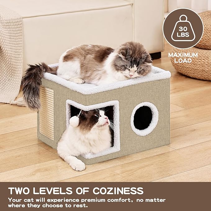 Cat Beds for Indoor Cats Houses, Large Cat Cave with Fluffy Ball and Scratch Pad, Foldable Cat House with Hideaway Tent for Kitten,Grey (SingleAK, Large)