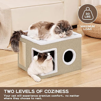 Cat Beds for Indoor Cats Houses, Large Cat Cave with Fluffy Ball and Scratch Pad, Foldable Cat House with Hideaway Tent for Kitten,Grey (SingleAK, Large)