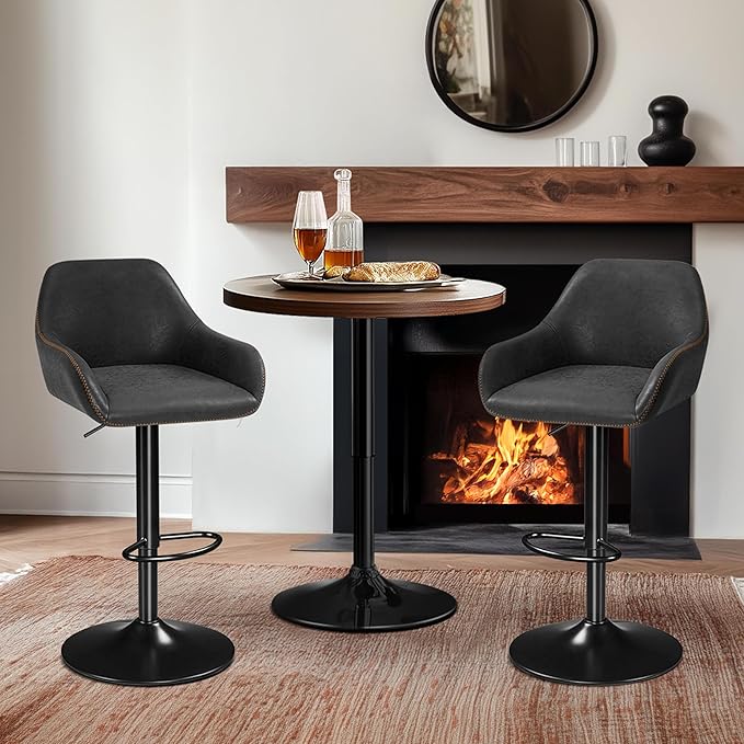 Yaheetech Bar Stools Set of 2, PU Leather Swivel Counter Height Barstools, Adjustable Bar Chairs with Backrest and Footrest, Kitchen Island Stool for Home Kitchen, Black