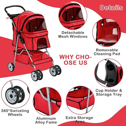 4 Wheels Pet Stroller Waterproof,Travel Stroller for Small Medium Dogs & Cats,Easy Fold with Removable Liner,Storage Basket,Red