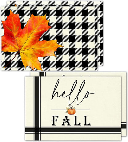 Hello Fall Placemats Set of 4, 12x18 Inch Maple Leaves Buffalo Plaid Table Mats, Washable Heat Resistant Place Mats for Kitchen Dining Table, Autumn Home Farmhouse Decor-B01