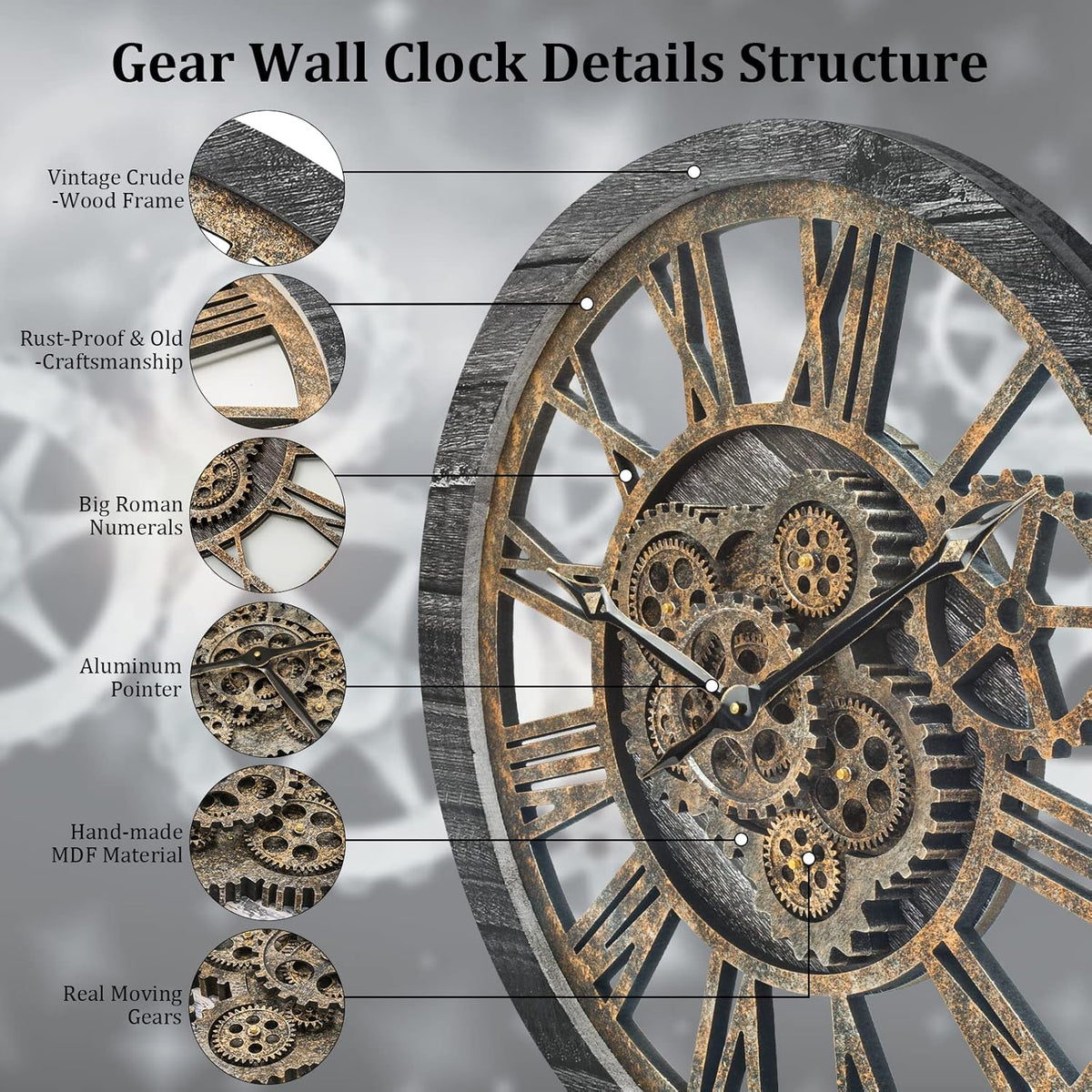 HOIBAI Large Wall Clock, Wall Clocks for Living Room Decor 20 Inch Farmhouse Vintage Rustic Kitchen Wall Decor Vintage Roman Oversized Wall Clock for Home Bedroom House Office, Moving Gears Clock