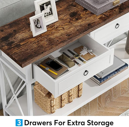 Tribesigns 70.8" Console Table with 3 Drawers, Farmhouse Entryway Table with Storage Shelf, Narrow Long Sofa Foyer Table for Entryway, Hallway (White/Brown)