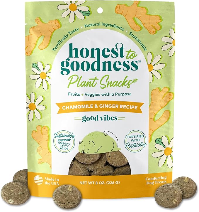Honest to Goodness Plant Snacks Good Vibes Chamomile & Ginger Recipe Dog Treats Enriched with Omega 3s & Postbiotics, 8oz