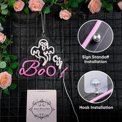 HRGXYUN Halloween Dimmable Ghost Neon Sign, Pink Boo Neon light for Wall Decor,Custom Neon Sign for Bar Club Ghost Room Decoration,5V USB Power 11.8 * 9.85in
