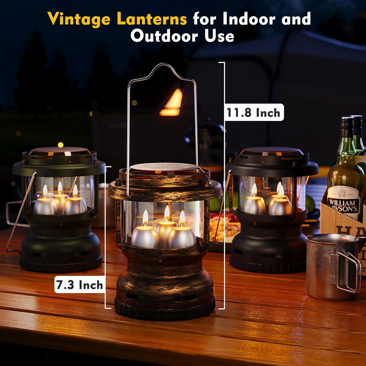 3-Wick Emergency Candle Lantern for Power Outages [18H+ Burning Time] Vintage Decorative Candle Lantern for Real Candles, Outdoor Portable Camping Survival Lighting [7.1"*5.7" - Vintage Brass]