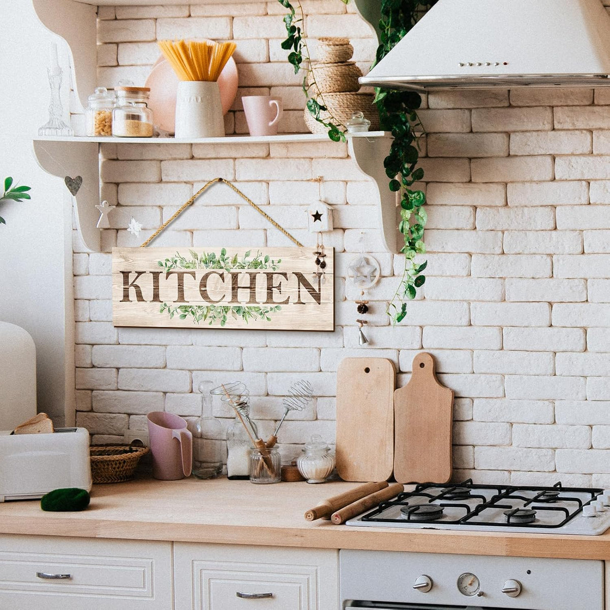 Kitchen Sign Wall Decor, Kitchen Wall Art with Plant Print, Rustic Farmhouse Wall Hanging Plaque Home Kitchen Decorative Kitchen, 4.7 x 13.7 inches