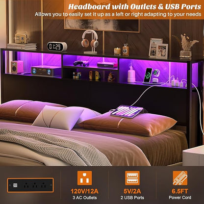 Aheaplus Headboard for King Size Bed with Storage, Headboards with Outlets, USB Ports and LED Light, King Size Head Board Only, Height Adjustable, Reversible, Sturdy and Stable Headboard, Black