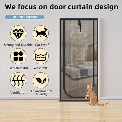 QWR Reinforced Cat Screen Door,Fits Door Opening Size 36''x 81'',Thickened Cat Resistant Mesh Screen Door for Living Room,Kitchen,Bedroom,Cat Proof Screen with Zipper Closure(U-Type,Black)