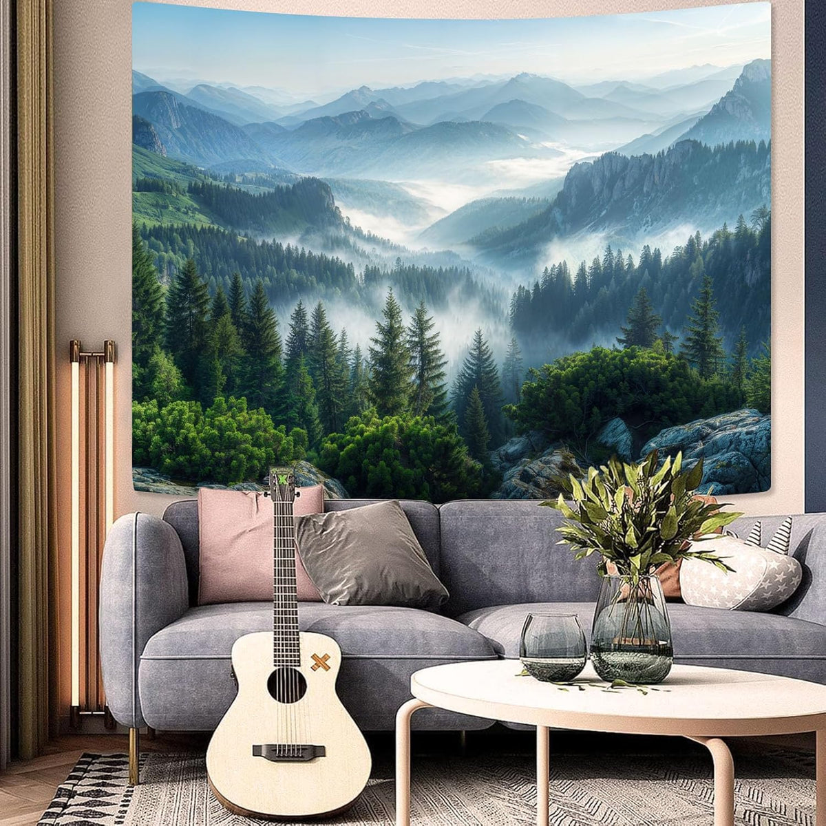 AMM Nature Forest Mountain Tapestry Green Misty Pine Tree Tapestry for Bedroom Aesthetic Foggy Woodlands Sky Landscape Tapestries Wall Hanging for Living Room Dorm 60 x 44 Inch