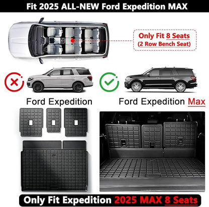 Floor Mats for 2025 2026 Ford Expedition MAX 8 Seats (2nd Row Bench Seat) & Cargo Mat & Backrest Mat, TPE All Weather Protection Car Full Set Mats Covering The Backrest Accessories