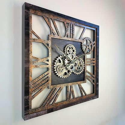 The Gears Clock 24'' Inch Square Real Moving Gear Wall Clock Vintage Industrial Oversized Rustic Farmhouse (Vintage Black)