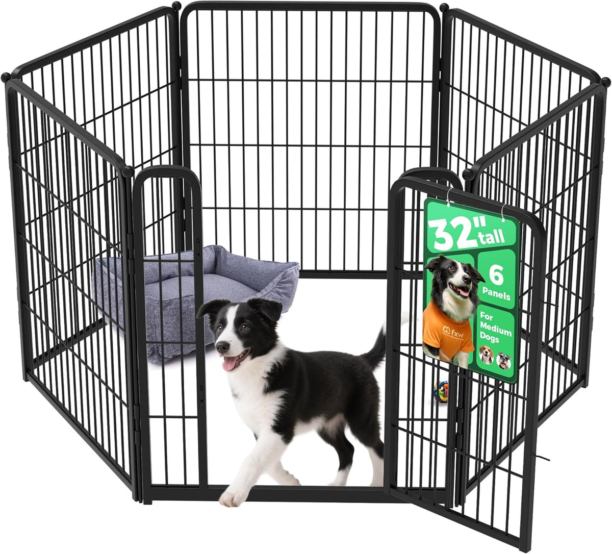 FXW Homeplus Unleashed Indoor Dog Playpen - Stress-Free and Safe Play, Heavy Duty 32 Inch 6 Wire Panels Dog Pen for Small and Medium Dogs, Black│Patented