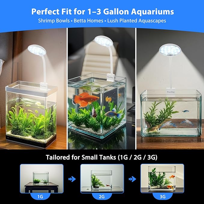 Mini Clip-On Aquarium Light 7W USB Dimmable Fish Tank Lamp with 3 Light Modes (White/RGB/Full Spectrum), 9-Level Brightness, 360° Adjustable Gooseneck for 1–3 Gallon Tanks