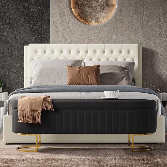EcoHarbor Living 55.5" Storage Bench Ottoman End of Bed Bench Bedroom Bench, Upholstered Velvet Long Window Bench Large King Size with Gold Legs, Flipping Lid Entryway Footrest (Black)