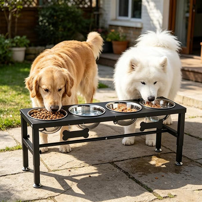 4-Bowl Elevated Dog Bowl Stand – 4 Adjustable Heights with 58oz/1700ml Stainless Steel Bowls & Splash Pad for Medium & Large Breeds, Multi-Pet Households