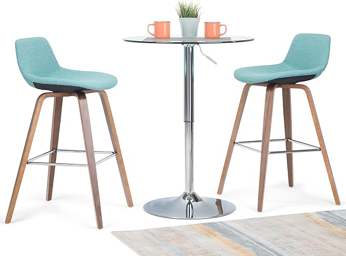SIMPLIHOME Randolph Counter Stools (Set of 2) - 28 Inch Seat Height Upholstered Bentwood Kitchen Seats in Aqua Blue Linen Look Fabric, Mid Century Modern Seating with Curved Backrest and Footrest