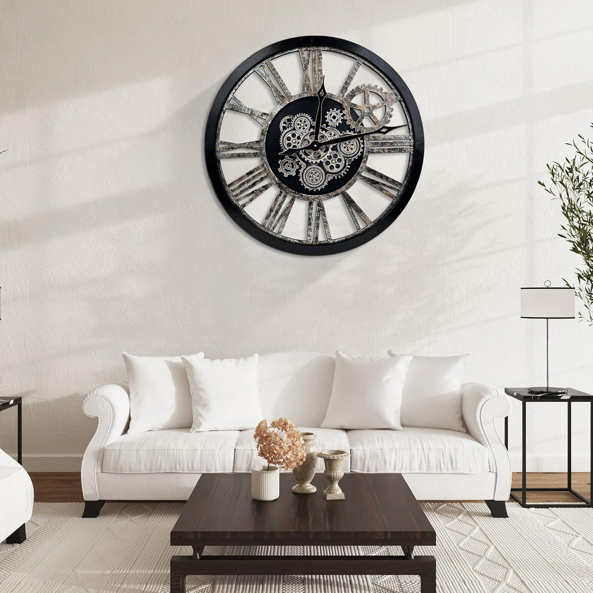 HOIBAI Large Wall Clock, Wall Clocks for Living Room Decor 36 Inch Farmhouse Vintage Rustic Kitchen Wall Decor Vintage Roman Oversized Wall Clock for Home Bedroom House, Moving Gears Clock