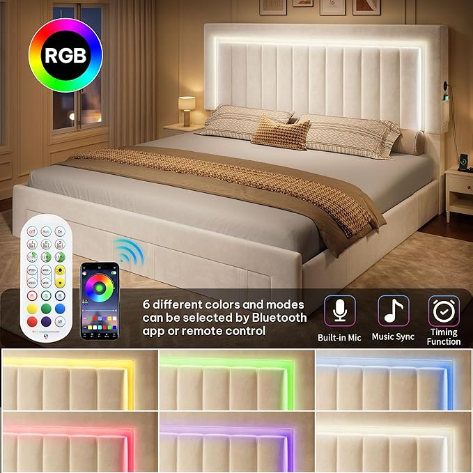 DWVO Queen Size Bed Frame with Adjustable Headboard, 4 Storage Drawers and RGB LED Lights, Velvet Upholstered Platform Bed with USB Ports, No Box Spring Needed, Fast Assembly, Noise-Free, White