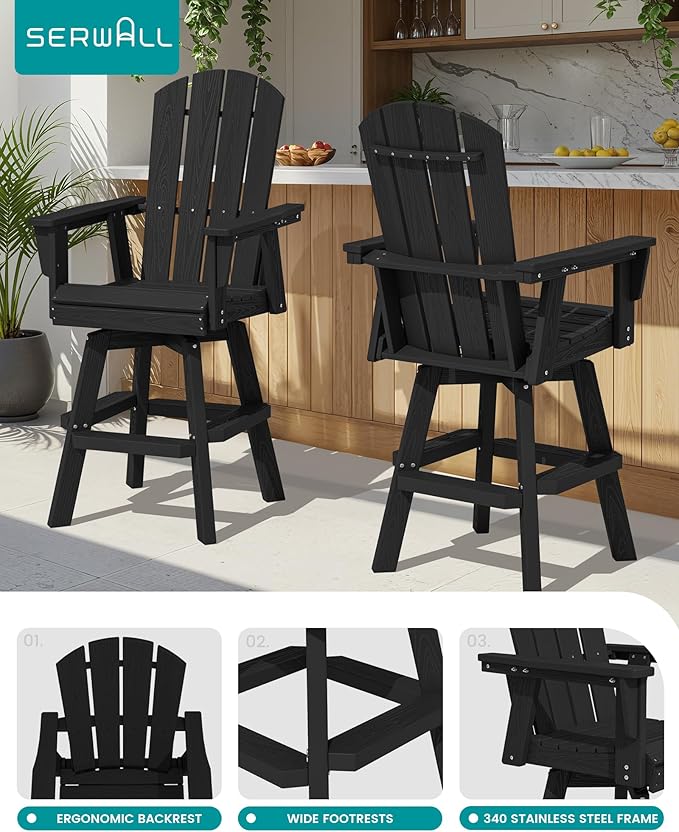 SERWALL Swivel Adirondack Bar Chairs Set of 4, HDPE Outdoor Swivel Barstools Chairs Set of 4 for Bistro, Poolside, Garden, Black