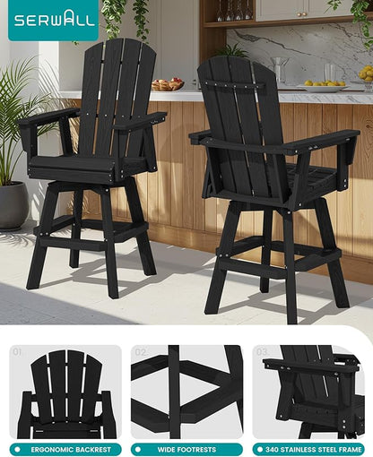 SERWALL Swivel Adirondack Bar Chairs Set of 4, HDPE Outdoor Swivel Barstools Chairs Set of 4 for Bistro, Poolside, Garden, Black