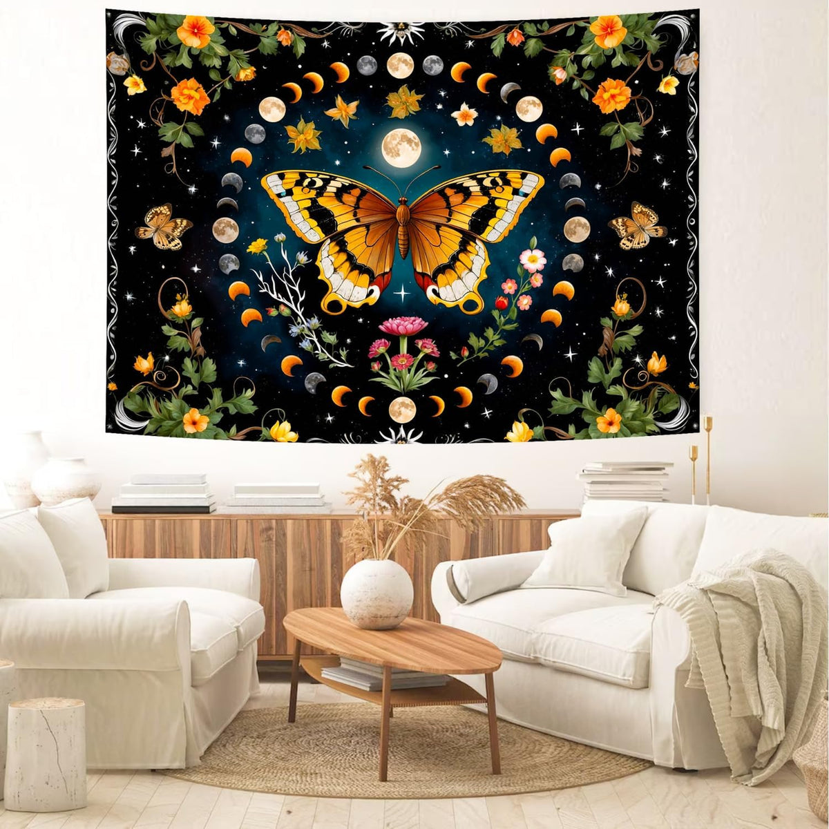 Delur Butterfly Moon Flower Tapestry Botanical Floral Plant Boho Tapestry Wall Hanging Mandala Aesthetic Mushroom Retro Vintage Headboard for Bedroom Living Room Home Decor (70.8" x 92.5")