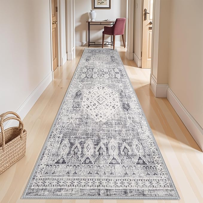 4x12 Washable Kitchen Runner Rug - Wide Indoor Entryway Hallway Rugs with Non Slip Backing Vintage Low Pile Carpet for Bedroom Laundry Ultra Soft Home Decor Floor Mat for Bathroom (Grey,4x12)
