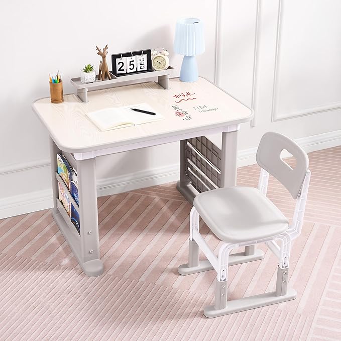 Kids Desk and Chair Set, Multi-Activity Children Study Table and Chair Set with Bookshelf for Home/Classrom, Height Adjustable, Graffiti Desktop, Removable Storage Rack for Toddler Ages 3-12