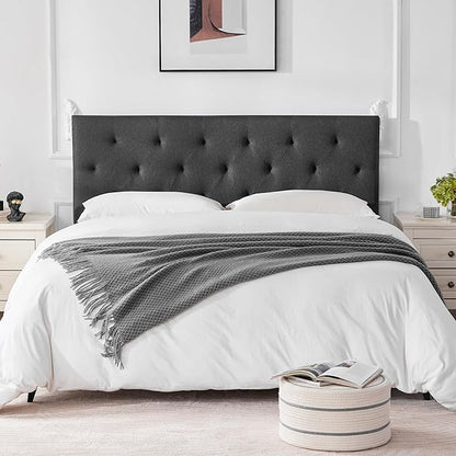Linen Fabric Upholstered Headboard Queen Size, Modern Diamond Tufting Solid Wood Queen Headboard Only,Adjustable Height from 37” to 51” Head Board, Bed Frame or Wall Mount Headboards, Dark Grey