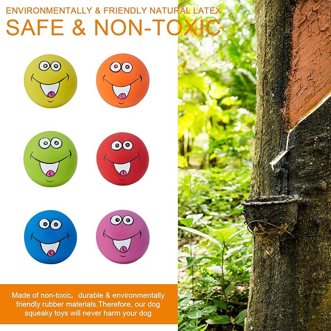 Squeaky Dog Toys Chewing Durable Teething Latex Rubber Soft Interactive Fetch Play Dog Balls with Funny Smile Face for Puppy Small Medium Pet Dog (6PCS)