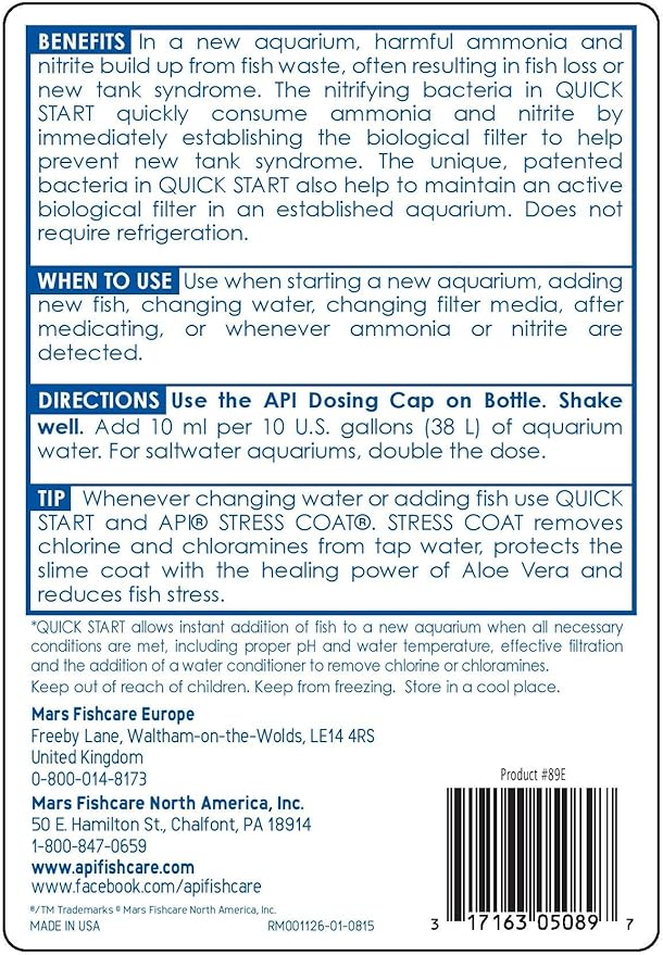 API QUICK START Freshwater and Saltwater Aquarium Nitrifying Bacteria 16-Ounce Bottle