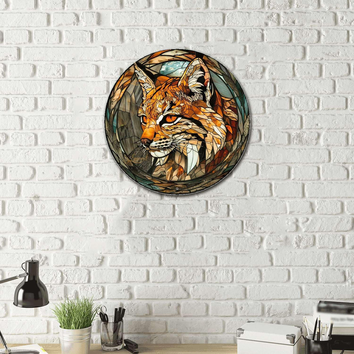 Lygond Metal Sign Tin Sign Circular Stained Glass Bobcat Funny Gardening Gift for Pet 12×12 Inches