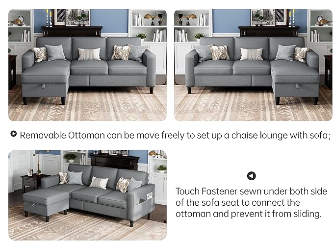 Sectional Sofas Couches for Living Room Convertible 3-Seater 78" L Shaped Couch for Small Spaces, Grey Pet-Friendly Modern Linen Fabric Sofa & Washable Covers for Apartments Studios Dorms