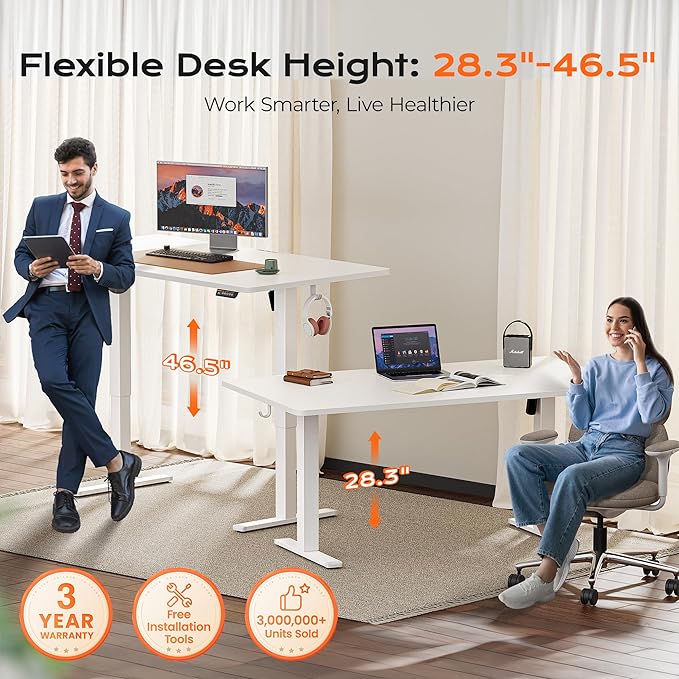 Huuger 63 x 28 Large Electric Standing Desk, Height Adjustable Computer Desk, 27.6" Deep Desktop, Stand up Gaming Office Table with 2 Hooks, 3 Preset Heights, for Home Office, White