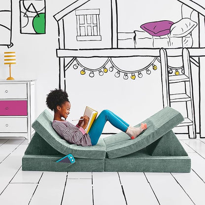 Yourigami Kids and Toddler Play Couch, Convertible Folding Sofa, Durable Foam Modular Design, Green Meadows