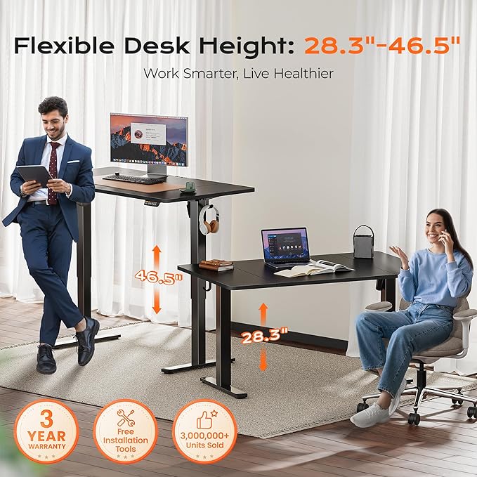 Huuger 55 x 28 Large Electric Standing Desk, Height Adjustable Computer Desk, 27.6" Deep Desktop, Stand up Gaming Office Table with 2 Hooks, 3 Preset Heights, for Home Office, Black