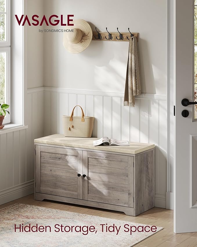 VASAGLE Shoe Storage Bench with Cushion, 3-Tier Entryway Bench with Padded Seat, Doors, Adjustable Shelves, 14 x 39.8 x 20.7 Inches, Hallway, Bedroom, Heather Greige and Cappuccino Beige ULSB044L01