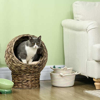 PawHut Handwoven Elevated Cat Bed for Indoor Cats 20" H Gray | Soft Cushion & Egg Chair Shape, Basket Bed Kitty House with Stand, Raised Wicker House