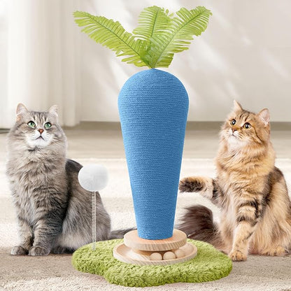 Cute Cat Scratching Post, Carrot Cat Scratcher Post with Durable Natural Wooden Turntable Toy and Catnip, 24'‘ H Blue Carrot Shape Design Sisal Cat Tree Sisal Scratcher for Indoor Cats (Cloud Base)