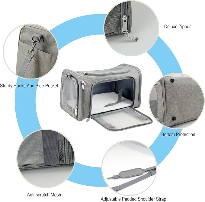 Soft Sided Carrier for Small Medium Cats Dogs,TSA Airline Approved Collapsible Travel Pet Carrier Medium Grey