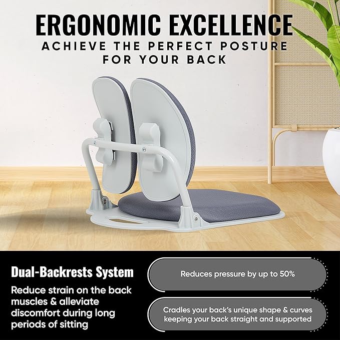【Made in Korea】 Dual-Backrests Ergonomic Floor Chair with Back Support - Meditation Chair, Floor Gaming Chair, Reading Chair, Floor Chairs for Adults, Foldable Chair (Grey)