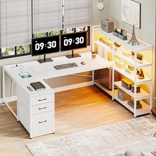 SEDETA White Computer Desk with Drawers, 64.5" Reversible Office Desk with Fabric File Drawer, Corner Computer Desk with Power Outlet & LED Strip and Storage Bookshelf