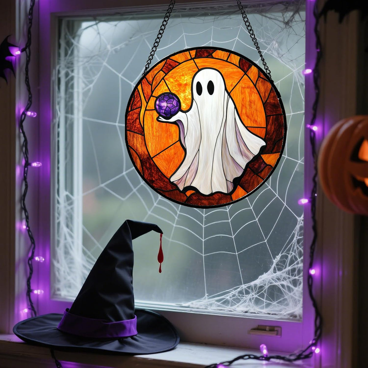 Stained Glass Window Hanging - Halloween Decorations Ghosts Vampire Suncatcher for Doors Garden Indoor Funny Spooky Sun Catchers Gothic Decor Horror Gifts for Women Men Friend 11.8 in